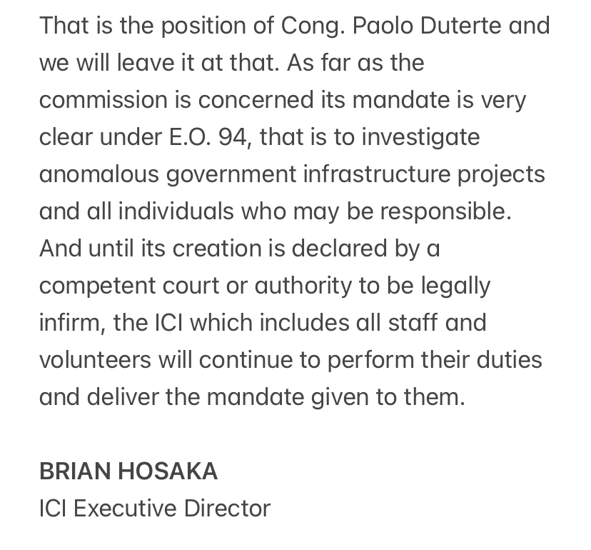ICI TO PULONG: MANDATE IS VERY CLEAR

READ: ICI executive director Brian Hosaka says the mandate to investigate anomalous government projects is “very clear,” in response to the remarks of Davao 1st district Rep. Paolo Duterte that the commission has no powers over him.

The ICI