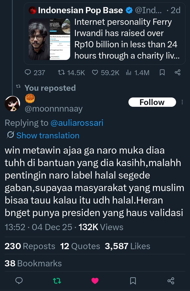 Not Win goes viral in Indonesia tweet because of halal sticker on his donation for Thai floods😭 this getting viral because he is more sincere than our president who put his face sticker in every packs of rice donation for floods in Sumatera. 

We need Win as our president atp😌