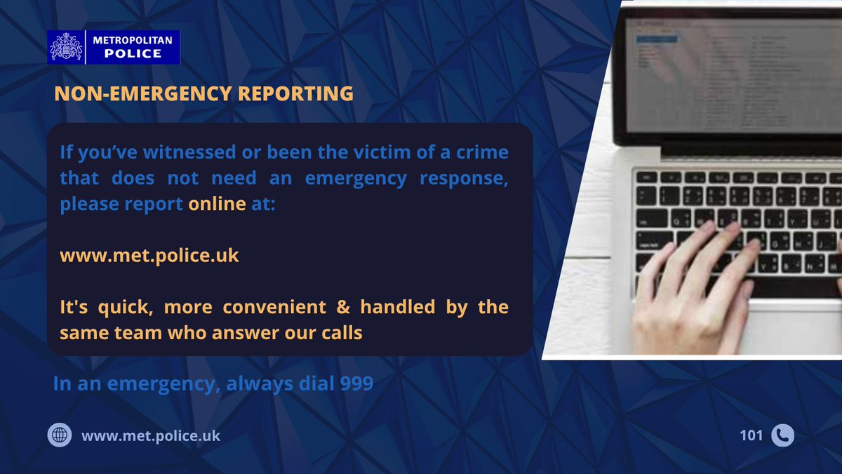 MetCC's tweet photo. Keeping #London safe – one click at a time. 

You can now report #crime and other incidents online. 

This is not an automated service – each report will be triaged by an experienced contact handler. 

Simply click here to start: https://t.co/Pz2j8vfzEC https://t.co/5NSWv0SV89