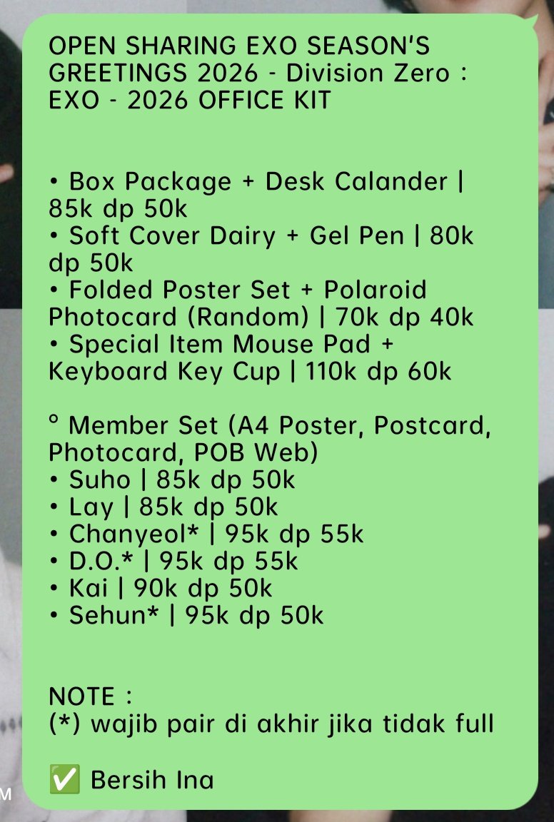 charrychan_'s tweet photo. [OPEN SHARING] - EXO SEASON'S GREETING 2026
 
💸 PRICE ON PICT

✅ Bersih Ina
✅GO Line : https://t.co/mq9P0ESAhv
❌ Packing + adm🍊
📍 Jatim
💌 More Info DM, mt after DM

#wts #wtb https://t.co/AiCF8iCDYH