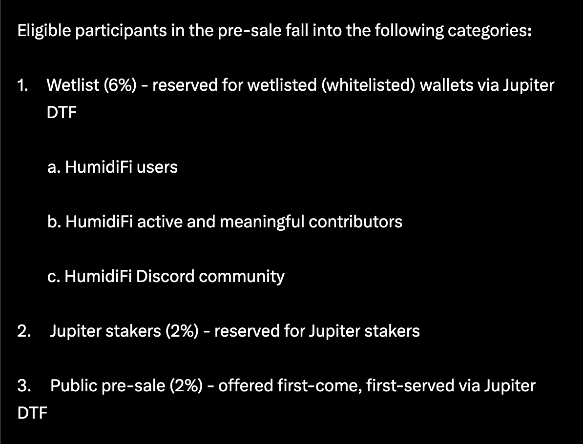 dunikowski_'s tweet photo. Jupiter will host HumidiFi token sale starting December 3. 

There will be 3 phases: 
1. HumidiFi users. 4% of total supply to be sold at $50M FDV. Sale start: 9 PM (UTC), Dec 3 
2. Jup Stakers. 3% of total supply to be sold at $50M FDV. Sale start: 9 AM (UTC), Dec 3. 
3. Public sale. 3% of total supply to be sold at $69M FDV. Sale start: 9 PM (UTC), Dec 4. Sale format: FCFS.
@JupiterExchange @humidifi @solana