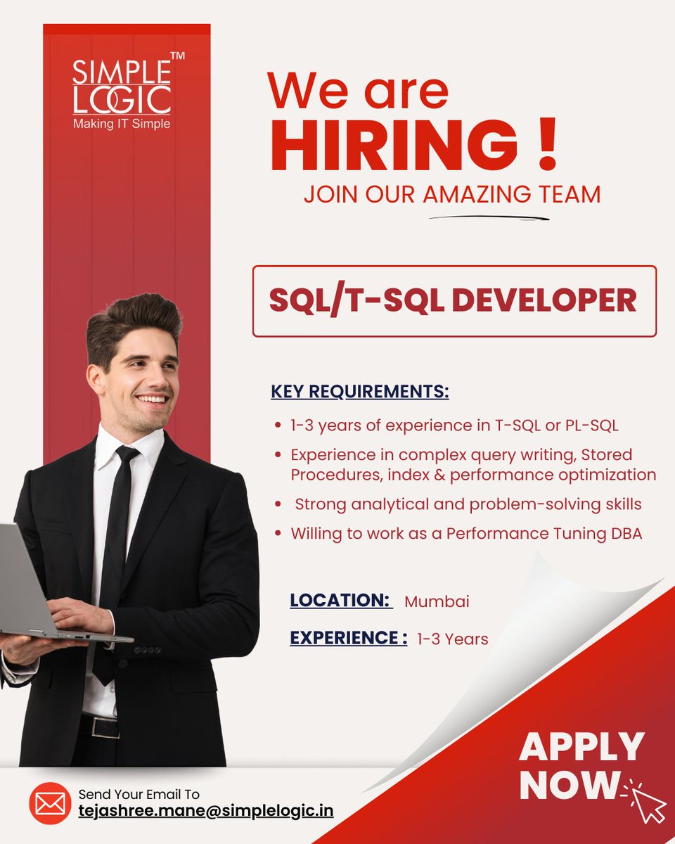 SimpleLogic_IT's tweet image. 🚀 Hiring: SQL/T-SQL Developer (1-3 Yrs) - Mumbai!
Join our team in Mumbai! We need experts in T-SQL/PL-SQL development.

📍 Location: Mumbai 📧 Apply: tejashree.mane@simplelogic.in

#SQLDeveloper #TSQL #MumbaiJobs #Hiring #DBA #PerformanceTuning #TechJobs