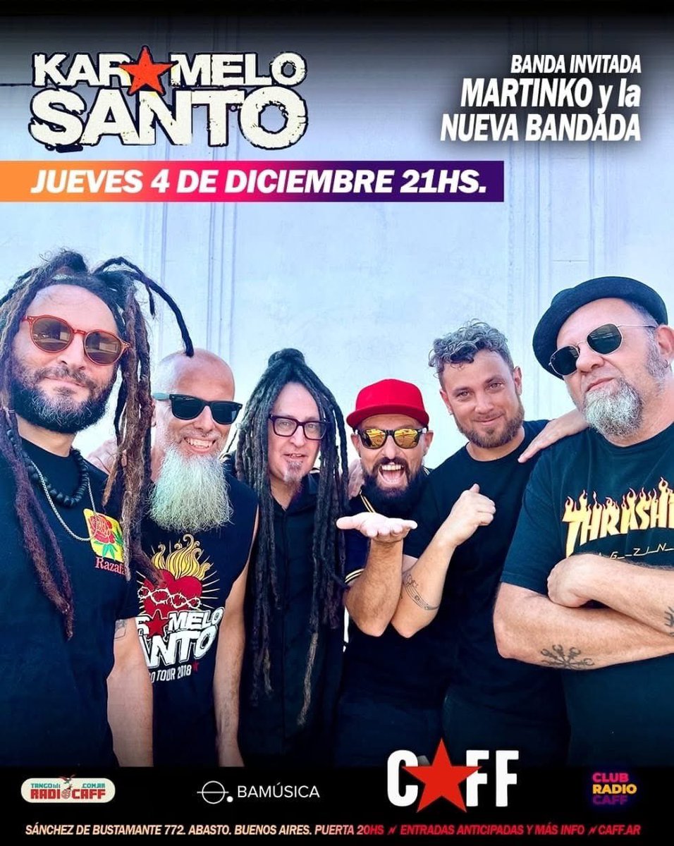 Karamelo Santo vuelve a Almagro con la @bailantaacustika
Hoy jueves 4 de diciembre, @karamelosantook regresa al Club Atlético Fernández Fierro (CAFF) con su formato unplugged, donde los ritmos latinos, el ska y el baile se mezclan en un ambiente íntimo y vibrante.