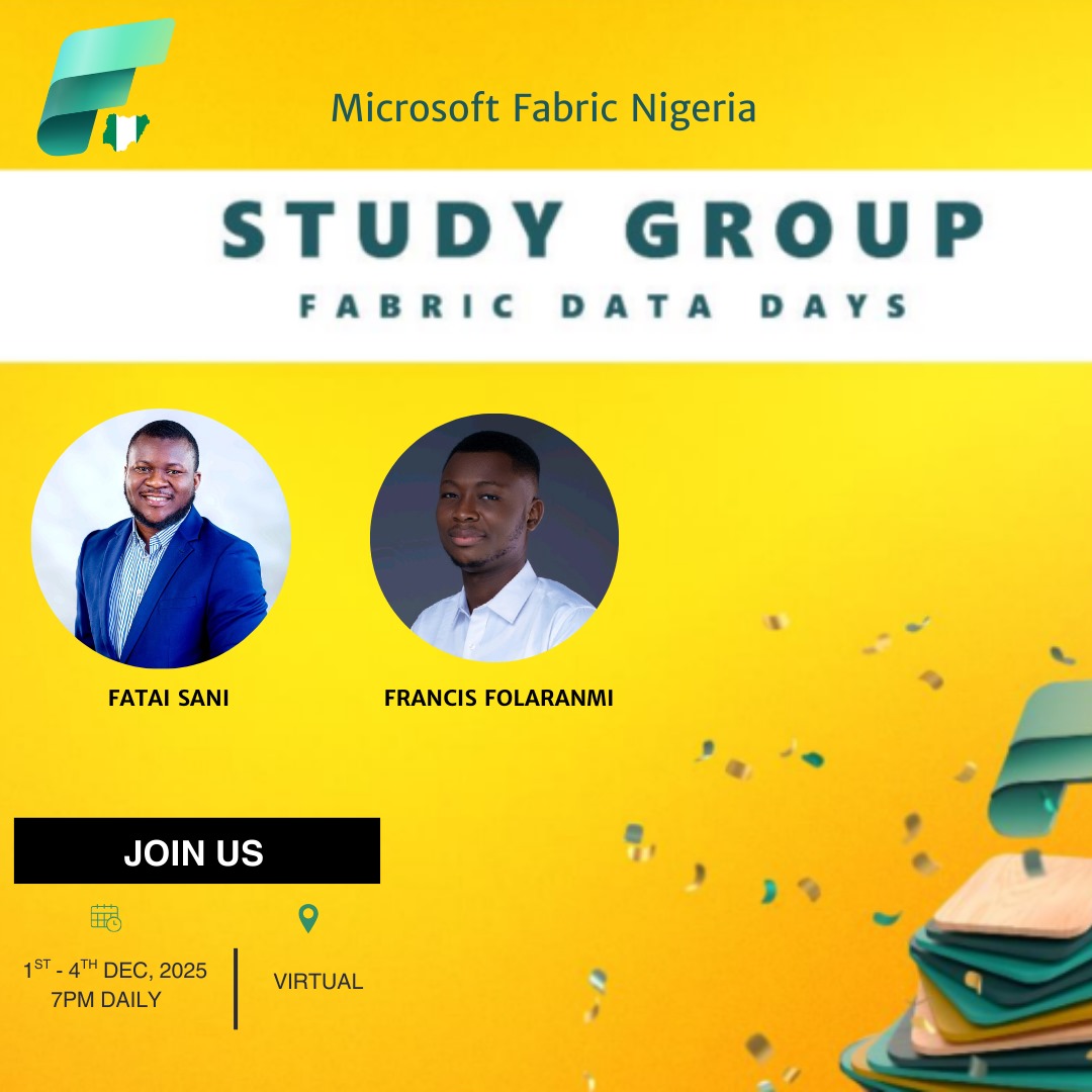 Pelumi_Analyst's tweet image. Day 4 — Final session of #FabricDataDays happens today! 🚀
📌 Prepare for Exam Day + Open Q&amp;amp;A
🎙 Facilitator: @Fatai_py
🕖 7:00 PM
Join today’s session 👉 youtube.com/live/wXcSedFNW…

Missed Day 3? Watch here 👉 youtube.com/live/luLFRg7bY…

Let’s wrap up strong and get exam-ready!🔥