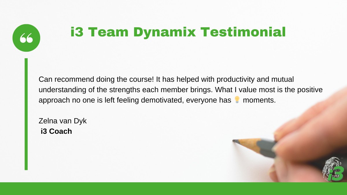 i3profiling's tweet image. i3 Coach Zelna shares how the i3 course boosted productivity, improved team understanding, and created those powerful 💡 moments, all while keeping things positive and motivating.

Ready to create the same transformation for your team? 👇
Email natasha@i3profiling.com