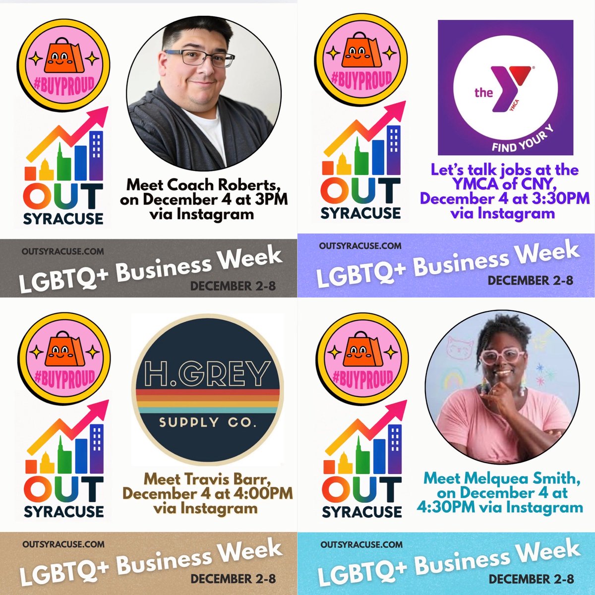 LGBTQ+ Business Week is a 7-day celebration of queer-owned small businesses.🏳️‍🌈🏳️‍⚧️🚀⭐️🎉

Today’s featured @outsyracuse activities include Instagram LIVE interviews w/ <a href="/billroberts/">Bill Roberts</a>, @ymcacny, <a href="/hgreysupplyco/">H. Grey Supply Co.</a> &amp; @prettykittypaintings! 

#BuyProud all week at OUTsyracuse.com 💯