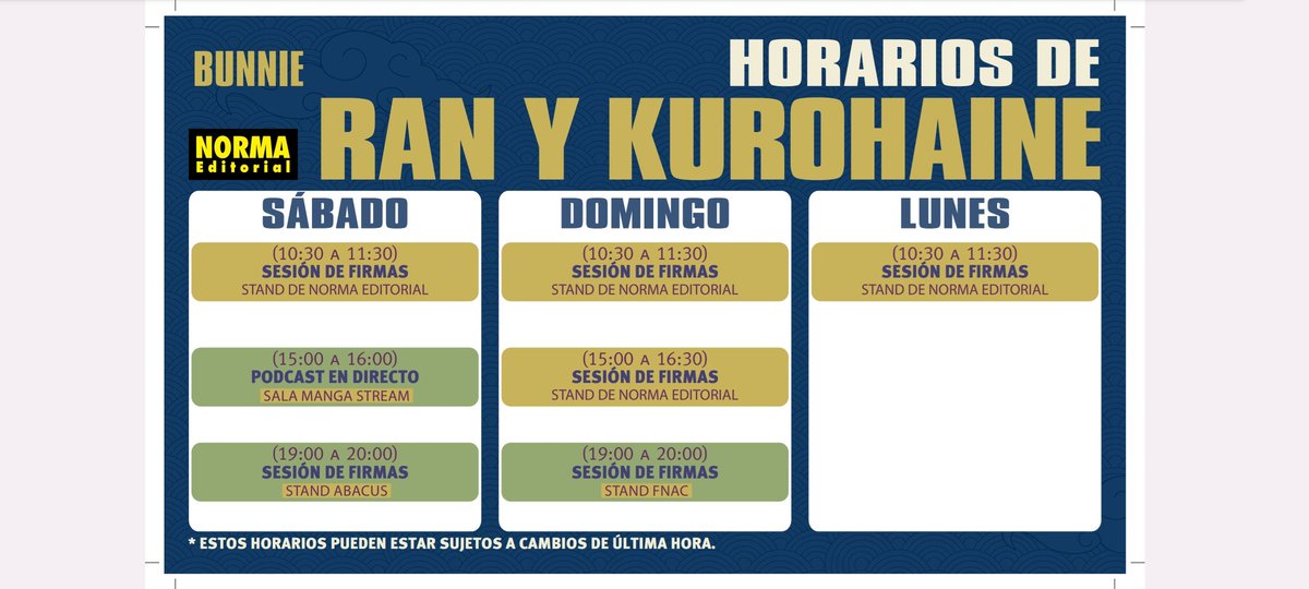 ❤️Aquí estan nuestros horarios del salón del manga❤️ Presentaremos una nueva obra "Bunnie" , con firmas incluidas! Pero tambien vamos a asistir a un podcast muy chuli 👀 "El quiosc" os vemos allí