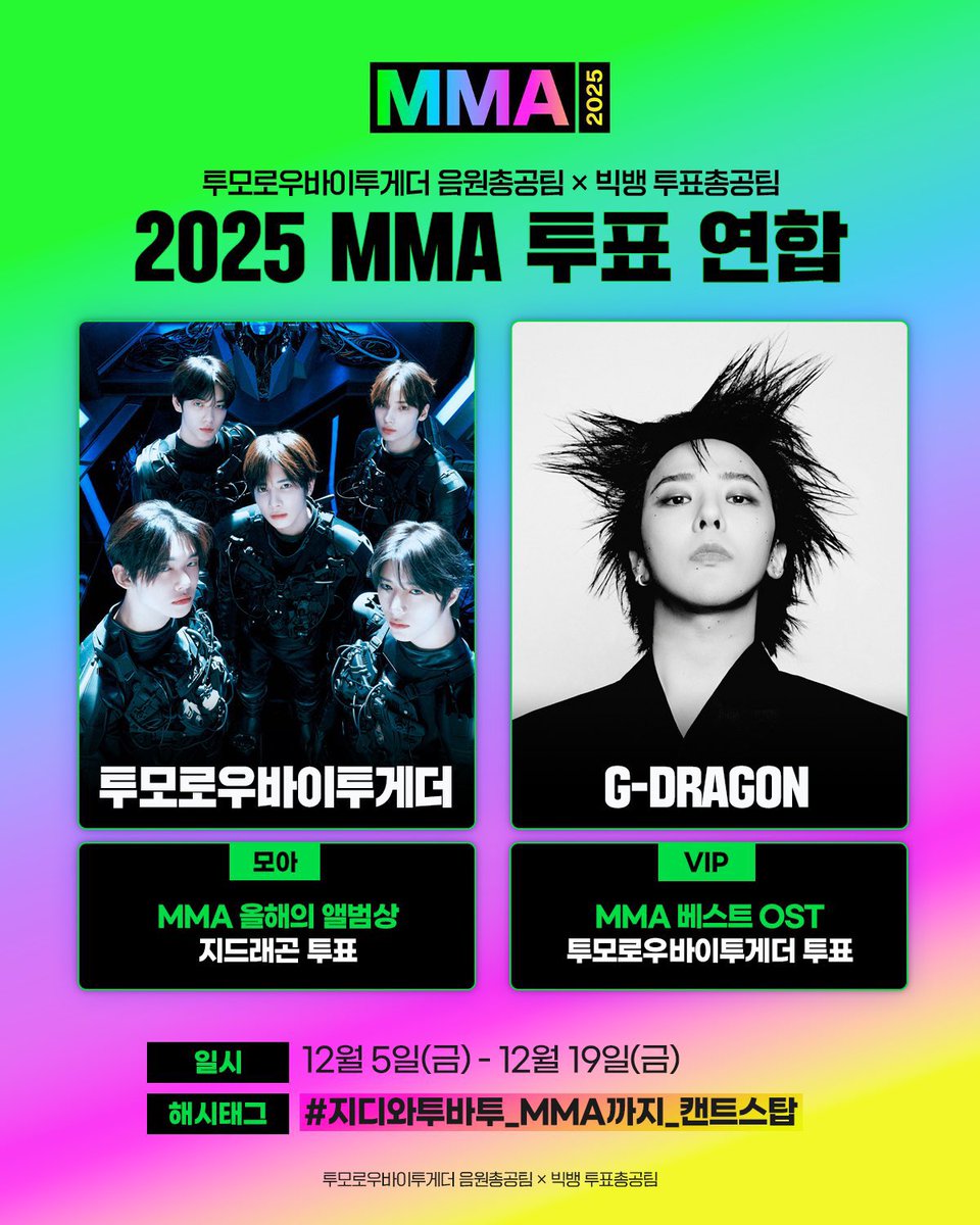 _voteinpeace's tweet image. [🤝] 빅뱅 투표총공팀 X 투모로우바이투게더 음원총공팀 연합 안내

🗳️ 협력 내용
MMA 베스트 OST 투모로우바이투게더(TXT) ⇄ MMA 앨범상 지드래곤(G-DRAGON)

🗓️ 연합 기간 : 12/5(금) ~ 12/19(금) 

✅ 연합 인증 방법 
투표 후 아래 해시태그로 인증해주세요!
#지디와투바투_MMA까지_캔트스탑

1.…