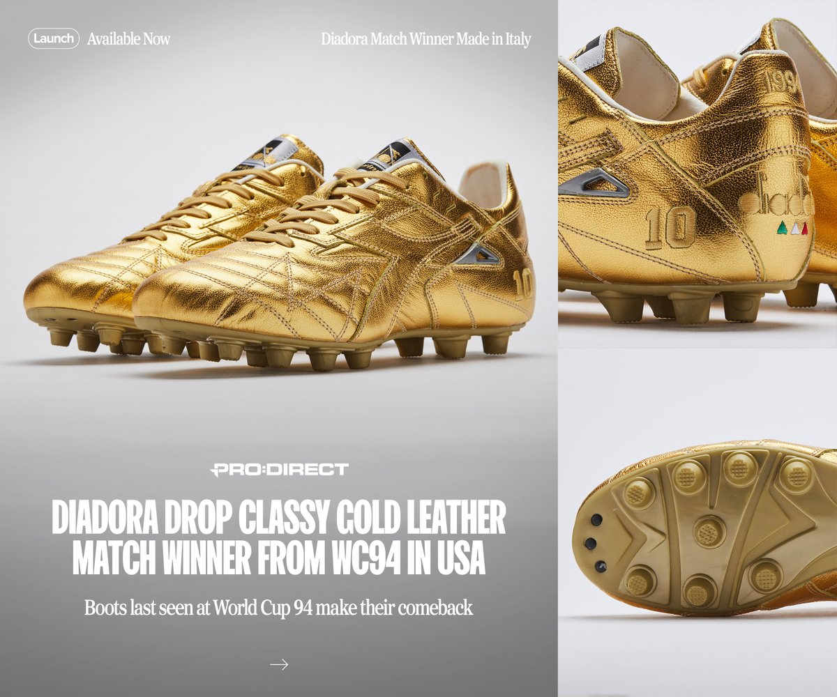 🔗 brnw.ch/MatchWinnerGOLD

WC94 ➡️ WC26. Same boots. Same gold. Built for the modern game. Diadora’s Match Winner Gold returns - from USA in ‘94 to World Cup ‘26. A timeless classic re-engineered for today’s players. Only 300 pairs available at Pro:Direct Soccer. Move fast.