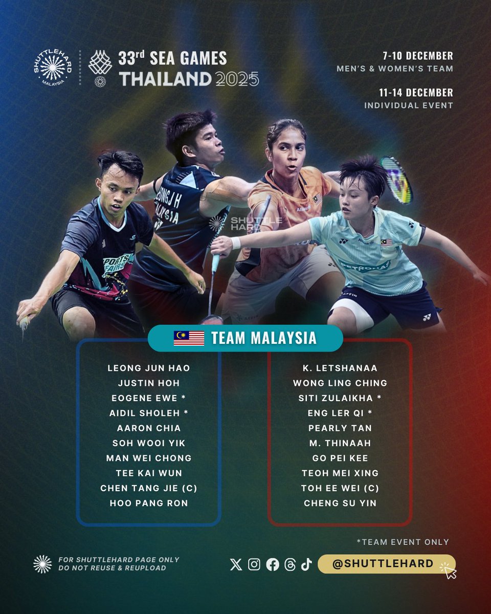 33rd SEA Games 2025 
📍 Bangkok, Thailand 🇹🇭
🗓️ 7-10 Disember (Berpasukan)
🗓️ 11-14 Disember (Individu)

Inilah barisan skuad #BadmintonMalaysia 🇲🇾 yang akan berjuang di Sukan SEA 2025, Thailand bermula Ahad, 7 Disember.

Juara Dunia, Chen Tang Jie yang juga juara Beregu Campuran