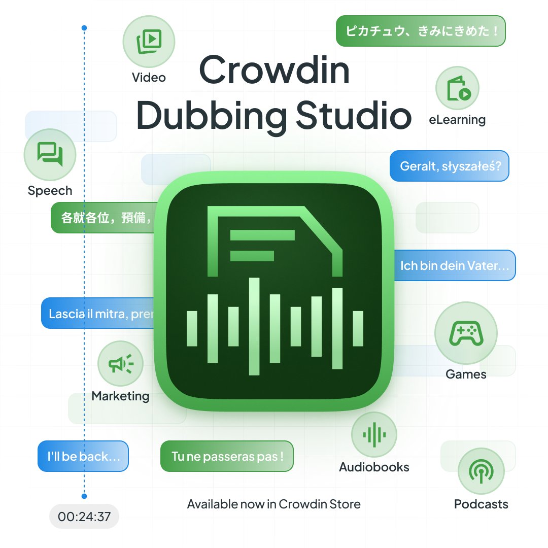 crowdin's tweet image. Crowdin Dubbing Studio is now available for all users! 

✔️Built-in @ElevenLabs integration delivers natural-sounding AI voices.
✔️Ensure translation accuracy with Human Review.
✔️Use AI-generated subtitles or upload your own file.
crowdin.info/qjGmFuP