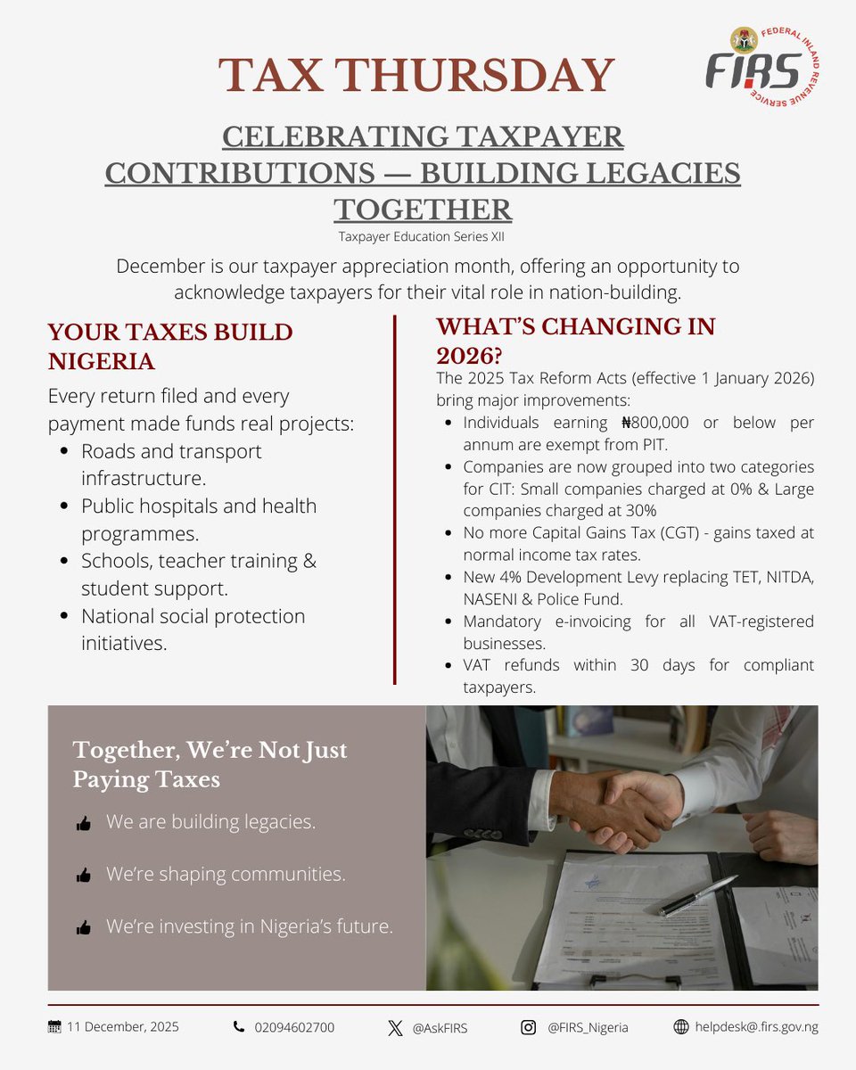 akomscopy's tweet photo. Be part of the conversation as we ( @FIRSNigeria )highlight how your tax contributions shape enduring legacies, delve into the 2026 tax reforms, and share essential updates for businesses.
๐๏ธ 11th December | โฐ 10:00 AM | ๐ All @FIRSNigeria Offices Nationwide
#SimplifyingTax #MaximisingRevenue