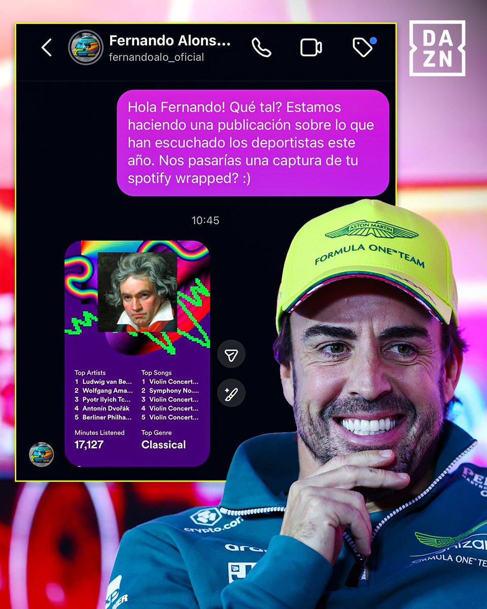 DAZN_ES's tweet photo. FERNANDO ALONSO ES UN APASIONADO DE LA MÚSICA CLÁSICA 😍🎻 https://t.co/0tpUvG4rtN