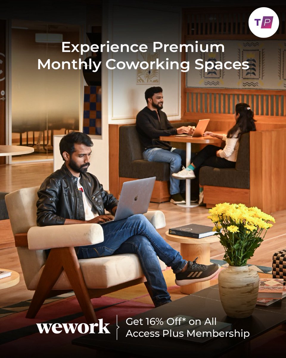 Work in a space built for great ideas, collaboration and productivity. 💻✨ Get 16% Off* on <a href="/WeWorkIndia/">WeWork India</a> All Access Plus Membership with Times Prime. 

#timesprime #wework #coworkingspace