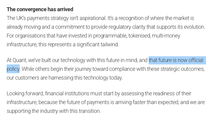 The convergence has arrived. 

Quant is currently the only end-to-end platform to deliver the exact capabilities the Payments Vision Delivery Committee (PVDC) strategy identifies as essential for the UK. Other countries will demand the same.

Not just blockchain interoperability.