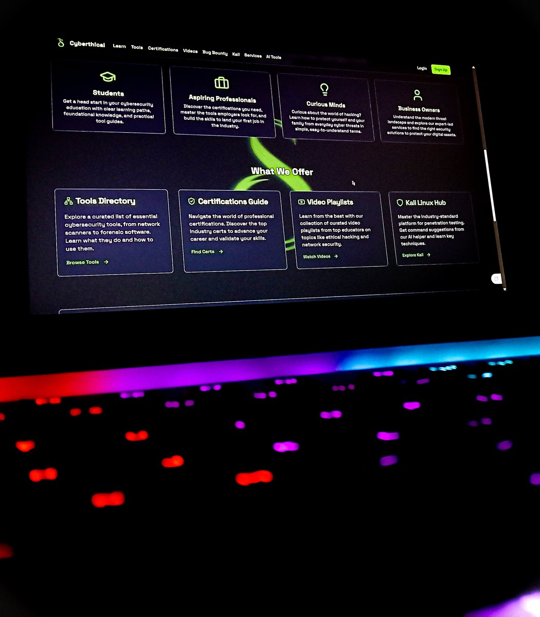 shubh__coding's tweet image. 🚀 Excited to launch @cyberthical  — a platform where anyone can learn cybersecurity &amp;amp; businesses can hire trusted experts.

🔒 Learn paths, cert guides, AI tools 
🛡️ Expert services
✨ Built with Firebase, Next.js &amp;amp; GSAP
👉 cyberthical.com

#Cyberthical