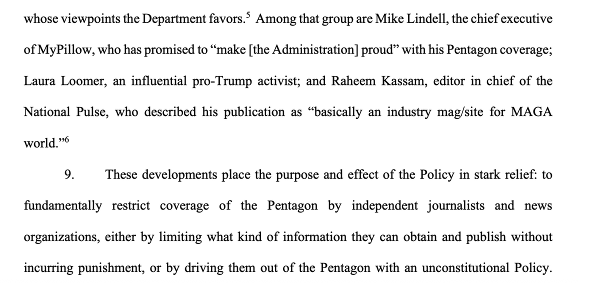 kyledcheney's tweet image. JUST IN: The NY Times lawsuit names names, saying the Pentagon&apos;s new press restrictions violate the First Amendment by forcing out journalists who ask adversarial questions and replacing them with avowed MAGA supporters. storage.courtlistener.com/recap/gov.usco…