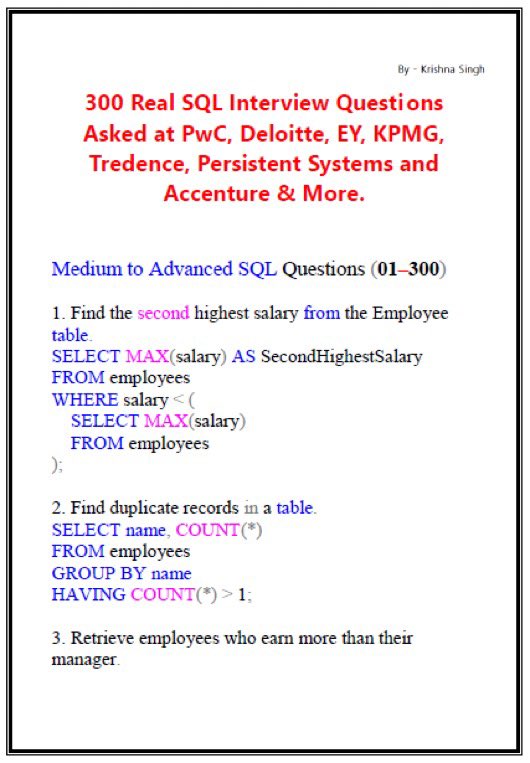 300 Real SQL Interview Questions with Solutions

Asked at PwC, Deloitte, EY, KPMG, Tredence, Persistent Systems and Accenture &amp; More.

To get it FREE 👇

 Like &amp; Repost
 Comment “SQL”
 Follow (must) so I can DM you the PDF