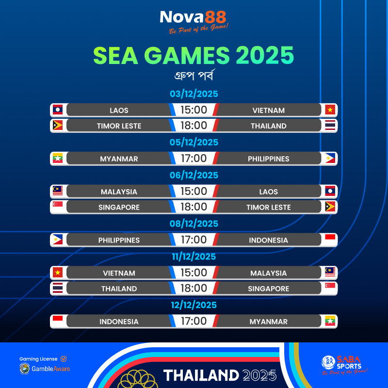 🔥 SEA গেমসের উত্তেজনা শুরু! 🔥
জাতীয় গর্ব, তরুণ প্রতিভা আর অদম্য আবেগ ⚽🔥

BE PART OF THE GAME WITH NOVA88
⚽ Official Asian Betting Partner of Aston Villa
🔗 cli.re/nova88blog
Nova88. All Rights Reserved. 18+ Be Gamble Aware.
#Nova88 #BePartOfTheGame #SEAGames
