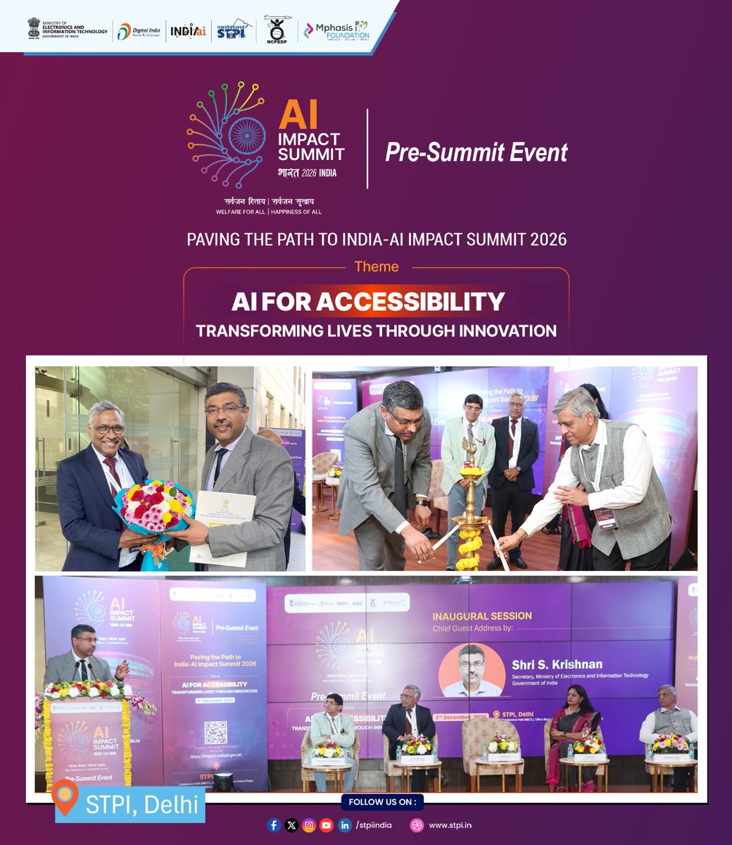 The Pre-Summit Event, ‘Paving the Path to India-AI Impact Summit 2026’, on the World Disability Day, was successfully held at STPI, Delhi, in the esteemed presence of Shri S. Krishnan (<a href="/SecretaryMEITY/">S Krishnan</a>), Secretary, MeitY, who graced the occasion as the Chief Guest. The event