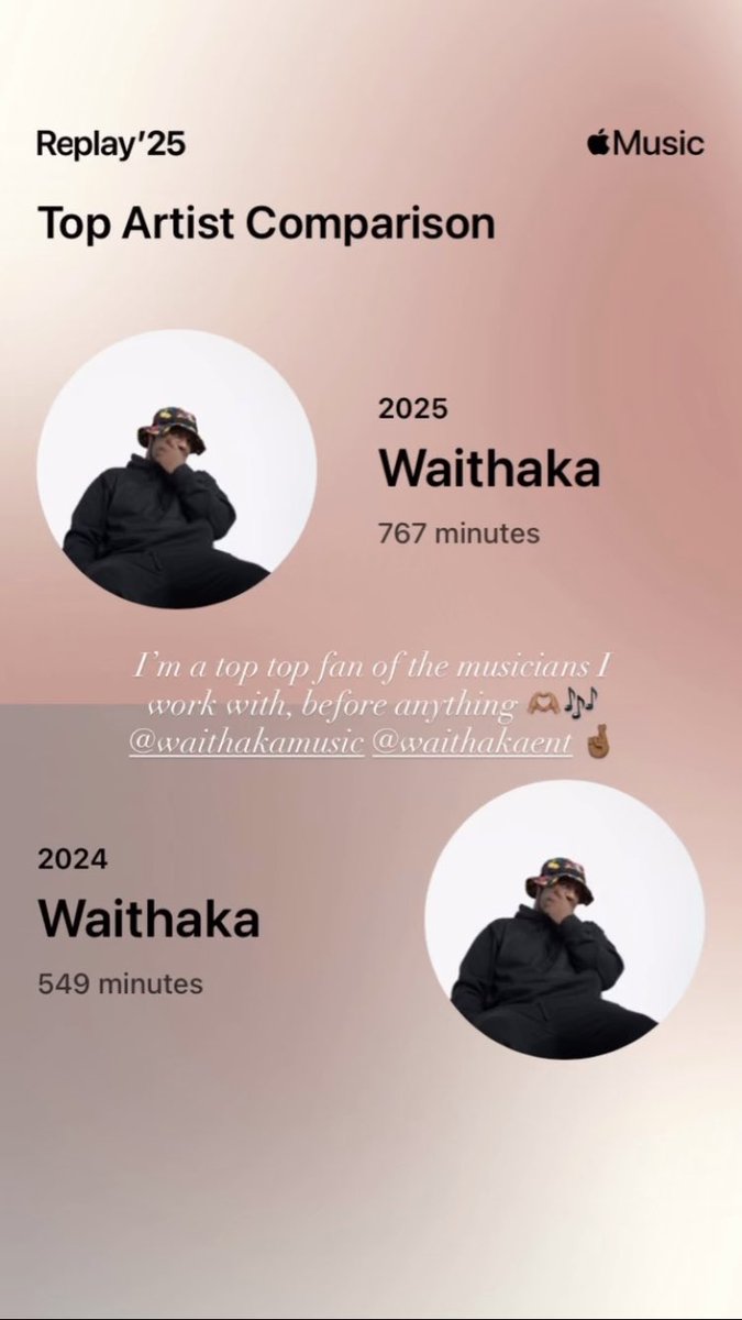 All my clients’ biggest fan!! 🎶✨
<a href="/WaithakaMusic/">Waithaka</a> <a href="/iam_zaituni/">Zaituni</a> <a href="/spanishvillager/">Ondara</a> - I’m truly honored and grateful to y’all for entrusting me in your journeys 🙏🏽

#AppleMusicReplay2025