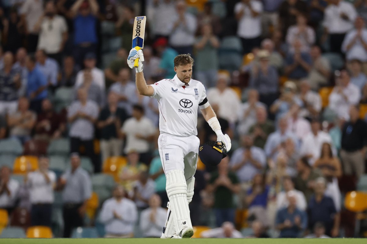 ICC's tweet photo. Joe Root savours his 40th Test ton in the Gabba Test 🤩👌

#WTC27 | #AUSvENG 📝: https://t.co/BNKjBSJuJb https://t.co/udXqJ3b9dB