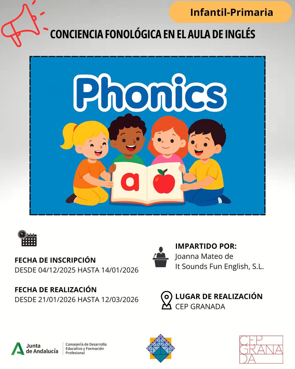📢📢INSCRIPCIÓN ABIERTA
<a href="/cepdegranada/">CEP de Granada</a>

▶️▶️LA CONCIENCIA FONOLÓGICA EN EL AULA DE INGLÉS

🗓 Realización: del 21/01/26 al 12/03/26
👩‍🏫Impartido por Joanna Mateo 
🚩 Lugar: CEP Granada

⬇️Inscripción del 04/12/25 al 14/01/26
juntadeandalucia.es/educacion/secr…