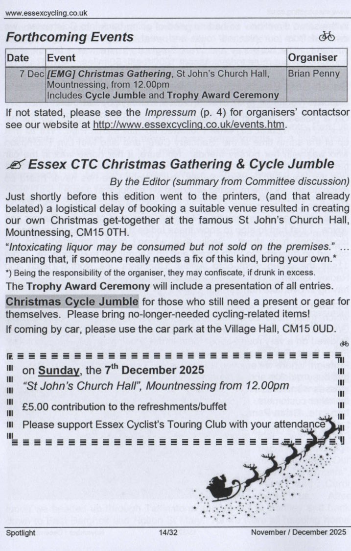 HaveringCycling's tweet image. Havering group ride Sun 7th Dec. Destination- St John’s Church Hall, Mountnessing for the Essex CTC Christmas Gathering. Ride distance about 30 miles. Meet- 9:45 for 10am start outside Roomes (Fashion and Home) store, 41-49 Station Road, Upminster, RM14 2SX.