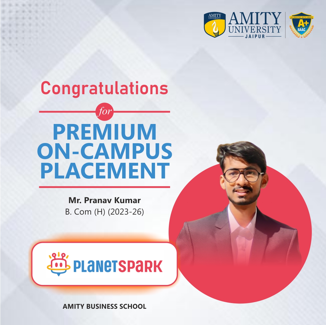 AmityUniJaipur's tweet image. Congratulations to Mr. Pranav Kumar (B. Com (H) 2023-26) from Amity Business School for securing a Premium On-Campus Placement with PlanetSpark!

#CampusPlacement #AmityBusinessSchool #AmityUniversityJaipur #PlanetSpark #BCom