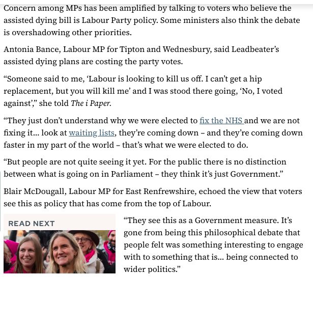Last year, when Starmer’s MPs were told by their constituents “Labour is looking to kill us off,” they protested that AS was not Labour policy but a PMB.

I think they could now reasonably ask whether their  leader deceived them.