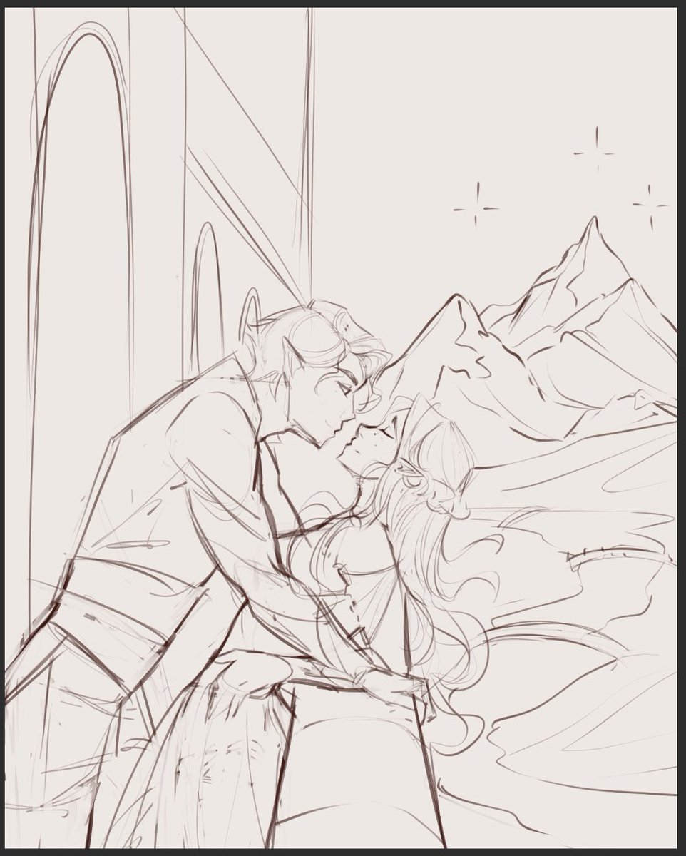 Hello🥹👉🏻👈🏻
After a long period of burnout,
hope you're all still here with me. 💔

So, here's my rough sketch of Feysand. I spent 3 hours on it 🥲

#feysand #feyre #rhysand #booklover #acotarfanart #sketch #bookart