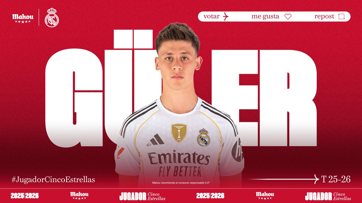 RT o MG si crees que <a href="/10ardaguler/">Arda Güler</a> ha sido el #JugadorCincoEstrellas del <a href="/realmadrid/">Real Madrid C.F.</a> en noviembre. (4/6)