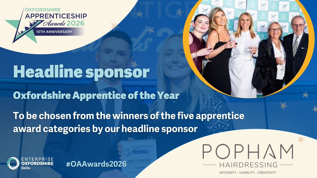 🏆 We're honoured to introduce the Oxfordshire Apprenticeship Awards headline sponsor, <a href="/Pophamsalons/">Popham Hairdressing</a>, a previous winner themselves!
Popham will choose the overall Apprentice of the Year from the winners of the 5 apprentice awards.
enterpriseoxfordshireskills.com/pophamoaawards…
#OAAwards2026 #OAHour