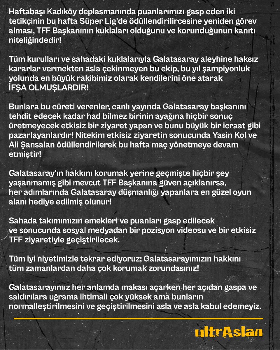 Haftabaşı Kadıköy deplasmanında puanlarımızı gasp eden iki tetikçinin bu hafta Süper Lig'de ödüllendirilircesine yeniden görev alması, TFF Başkanının kuklaları olduğunu ve korunduğunun kanıtı niteliğindedir!

Tüm kurulları ve sahadaki kuklalarıyla Galatasaray aleyhine haksız