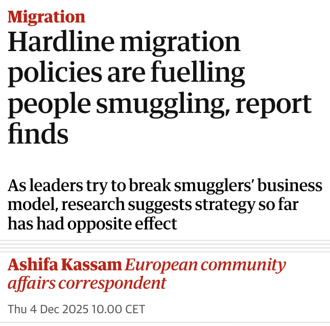 pranman's tweet image. Hardline migration policies are fuelling people smuggling.

The findings draw on more than 80,000 interviews, a majority of these people used smugglers, linking their decision to the absence of accessible opportunities for legal migration.

🔗theguardian.com/world/2025/dec…