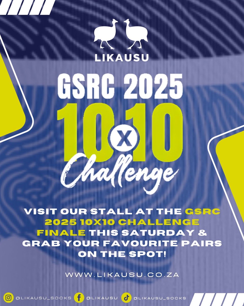 tthiba's tweet photo. @likausu_socks 🧦 will be at @gabzstriders - GSRC 10x10 Challenge 2025 Finale 🥳🥳. 

Visit our stall 🧦 and buy yourself a beautiful pair or two of socks 🧦
 🥳🥳

Last year was a vibe 😎 👌 and this year it will be lit 🔥 

#socks 
#active 
#running 
#botswana 
#visitbotswana https://t.co/LyRxywxmRt