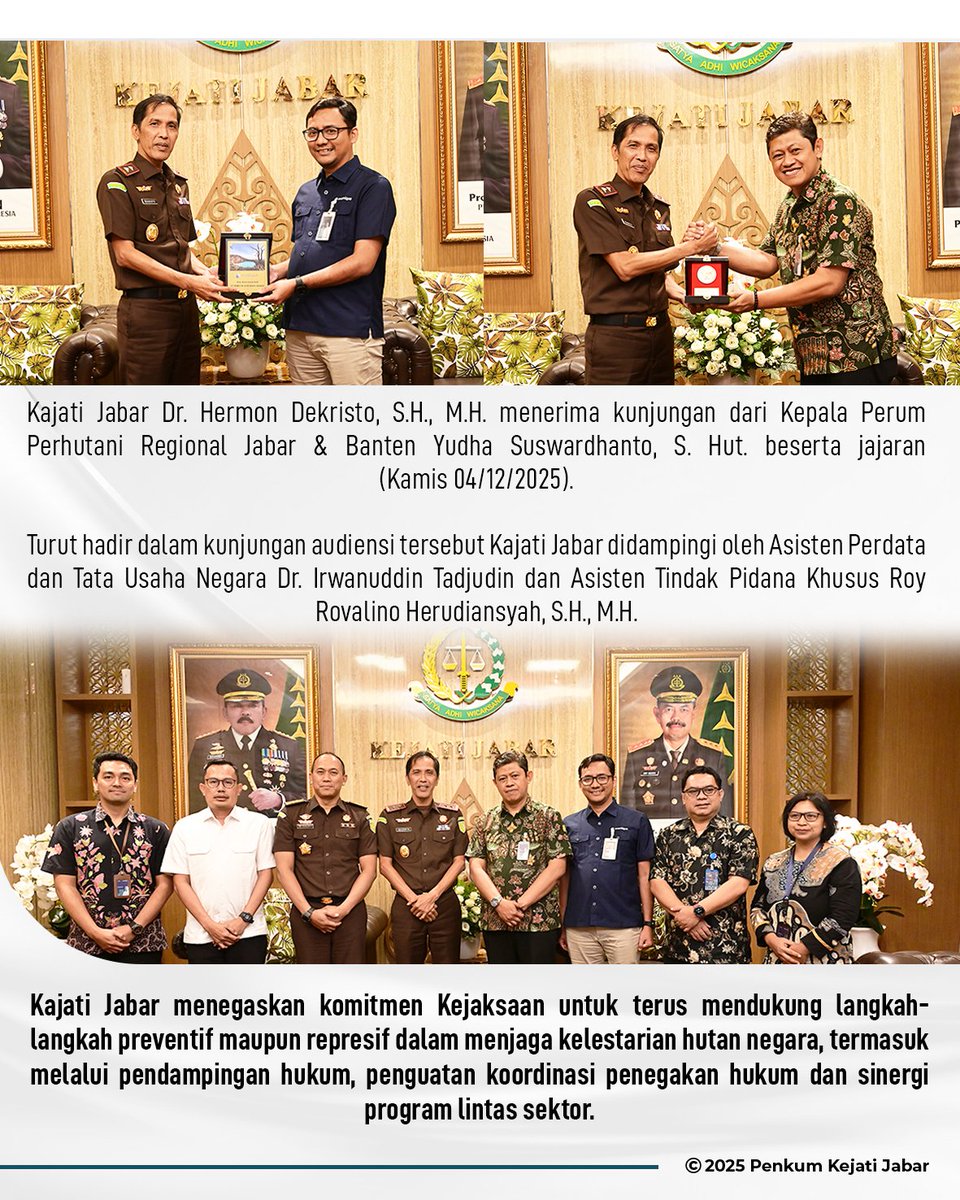 kejati_jabar's tweet image. Kajati Jabar Dr. Hermon Dekristo, S.H., M.H. menerima kunjungan dari Kepala Perum Perhutani Regional Jabar &amp;amp; Banten Yudha Suswardhanto, S. Hut. beserta jajaran (Kamis 04/12/2025).

#kejatijabar #audiensi #perhutani