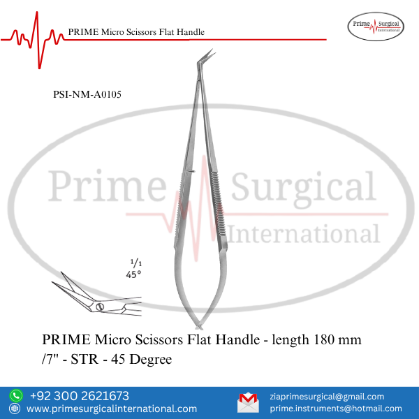 Aqsaprime230's tweet image. PRIME Surgical – Zia | Micro Scissors 45° ✂️
 Code: PSI-NM-A0105 | 180 mm / 7″ – STR (45°)
Flat-handle micro scissors for angled, precise microsurgical cutting.
📧 zia@primesurgicalinternational.com
🌐 primesurgicalinternational.com
#PrimeSurgical #MicroScissors #ZiaPrime #SurgicalTools