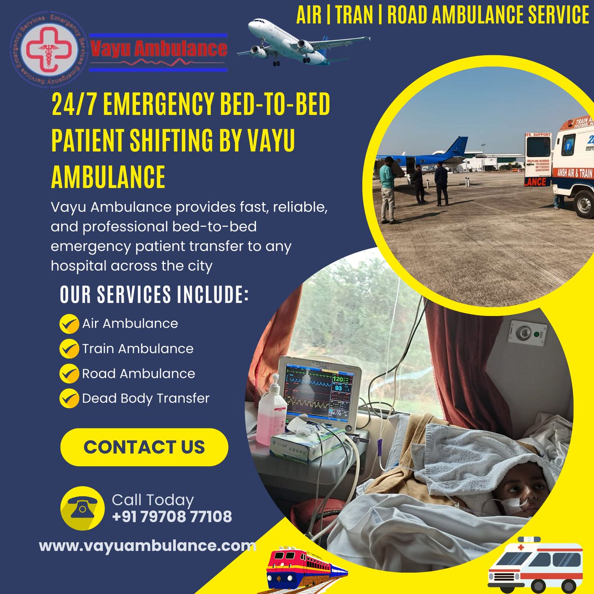 Vayu Ambulance Service provides 24×7 emergency and non-emergency ambulance support with a top medical team and complete bed-to-bed patient transfer across India.
Call: +91 79708 77108
🌐 vayuambulance.com