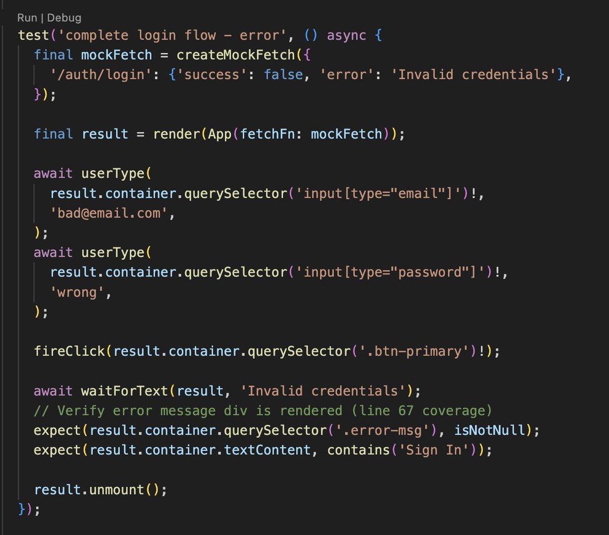 CFDevelop's tweet image. Test coverage looking very decent on dart_node now.

Did I mention you can do React and React Native UI testing with your favorite Dart toolkit?

Yep, that&apos;s React and Dart working together with Dart&apos;s test package
