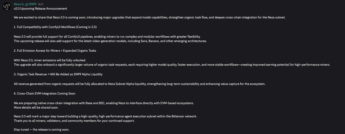 neza_video's tweet photo. We are excited to share that Neza 2.0 is coming soon, introducing major upgrades that expand model capabilities, strengthen organic task flow, and deepen cross-chain integration for the Neza subnet. https://t.co/B2RTG765VD