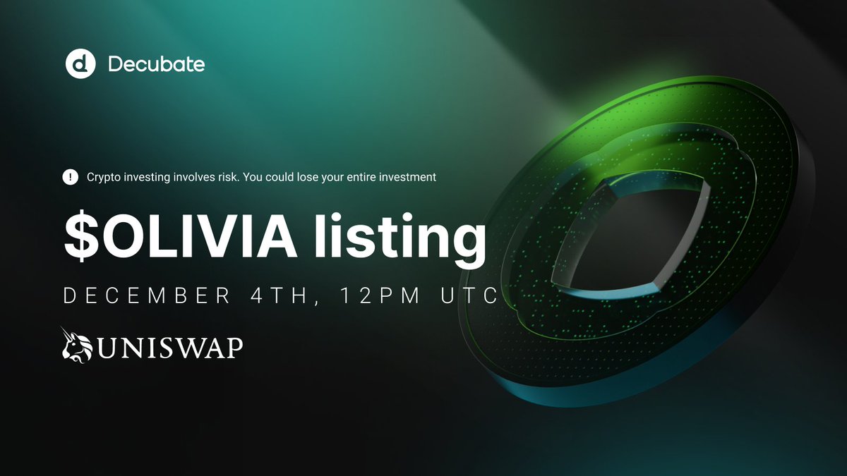 decubate's tweet image. 🚨 @Olivia_Network ($OLIVIA) Listing Announcement

🗓 Key Details

DEX Listing: Uniswap v4

Listing Date and Time: 04-12-2025, 12:00 UTC

Claim Available From: 04-12-2025, 12:00 UTC

⚡️ Vesting Schedule: 15% at TGE, 1-month cliff, 5-month linear vesting

🔗 Contract Address:…
