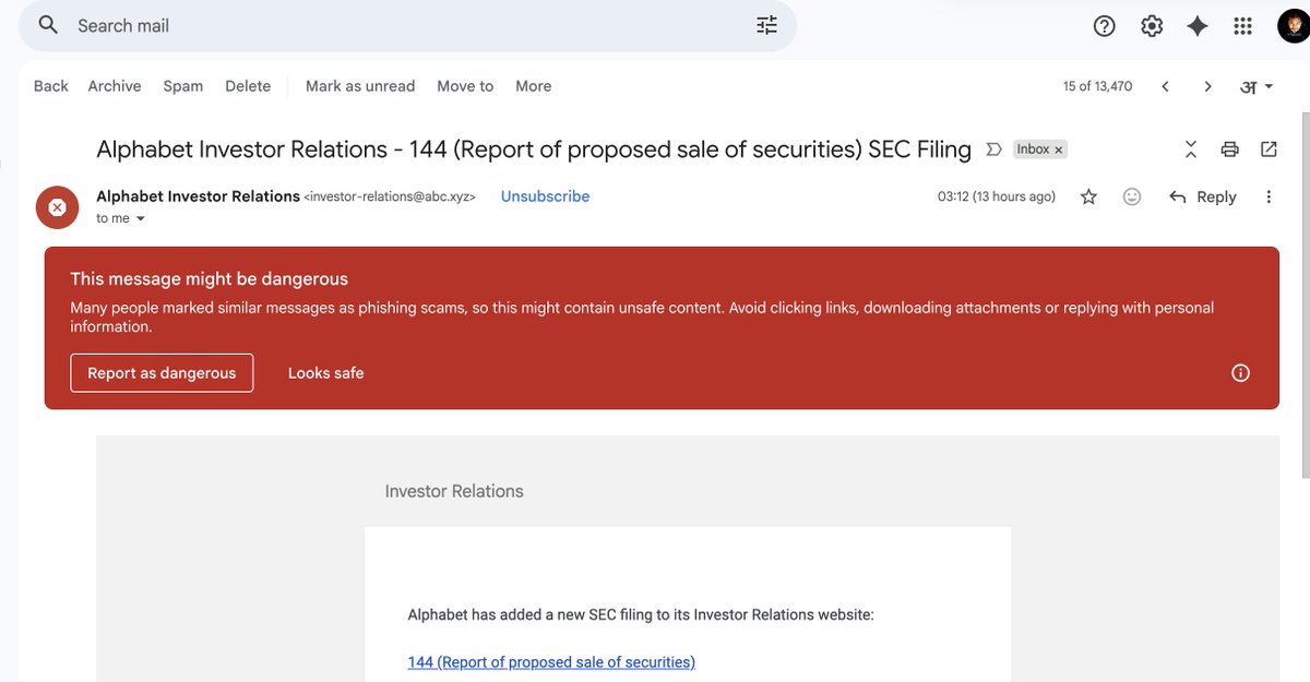 iamkrishnamali's tweet image. It's so funny to see that @gmail is flagging its own parent company’s (Alphabet) IR emails as "might be dangerous." 🤣🤣

#Google #Alphabet #Gmail