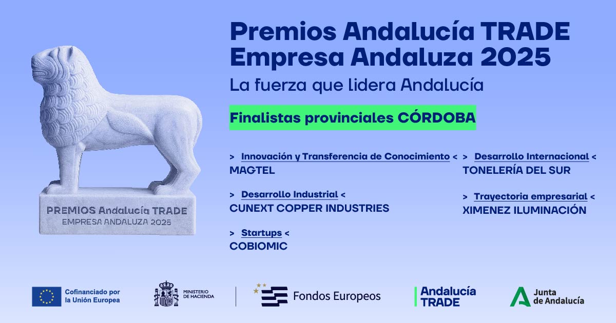 🤓 Seguimos repasando las firmas finalistas de los #PremiosAT2025 🏅 de <a href="/trade_andalucia/">Andalucía TRADE</a>.

¡Vamos con Córdoba!🏆

🔹<a href="/XimenezGroup/">Ximenez Group 💡</a>
🔹#CunextCopper
🔹<a href="/GrupoMagtel/">Grupo Magtel</a>
🔹<a href="/Cobiomic_SL/">Cobiomic Bioscience SL</a>
🔹@Casknolia

¡Enhorabuena a todos!

#FEDER 🇪🇺