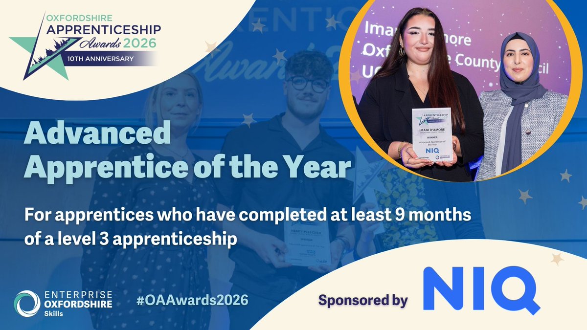 🏆 The Oxfordshire Apprenticeship Awards 2026 Advanced Apprentice Award is kindly sponsored this year by <a href="/NielsenIQ/">NIQ</a> and will recognise apprentices working at level 3 who have gone above and beyond in their role.

Find out more at enterpriseoxfordshireskills.com/niqoaawards202…

#OAAwards2026 #OAHour