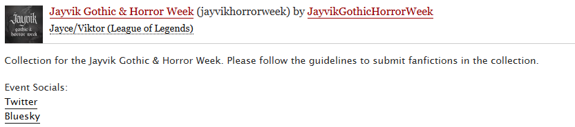 jvhorrorweek's tweet photo. The bells are tolling... The darkness is befalling.... 🦇
On the eve of the Jayvik Gothic &amp; Horror Week, we share with you that the AO3 Collection is up, for anyone interested in sharing their works in the collection!

You may find the collection here: https://t.co/eET6AwO5GW https://t.co/neyX7iMuYH