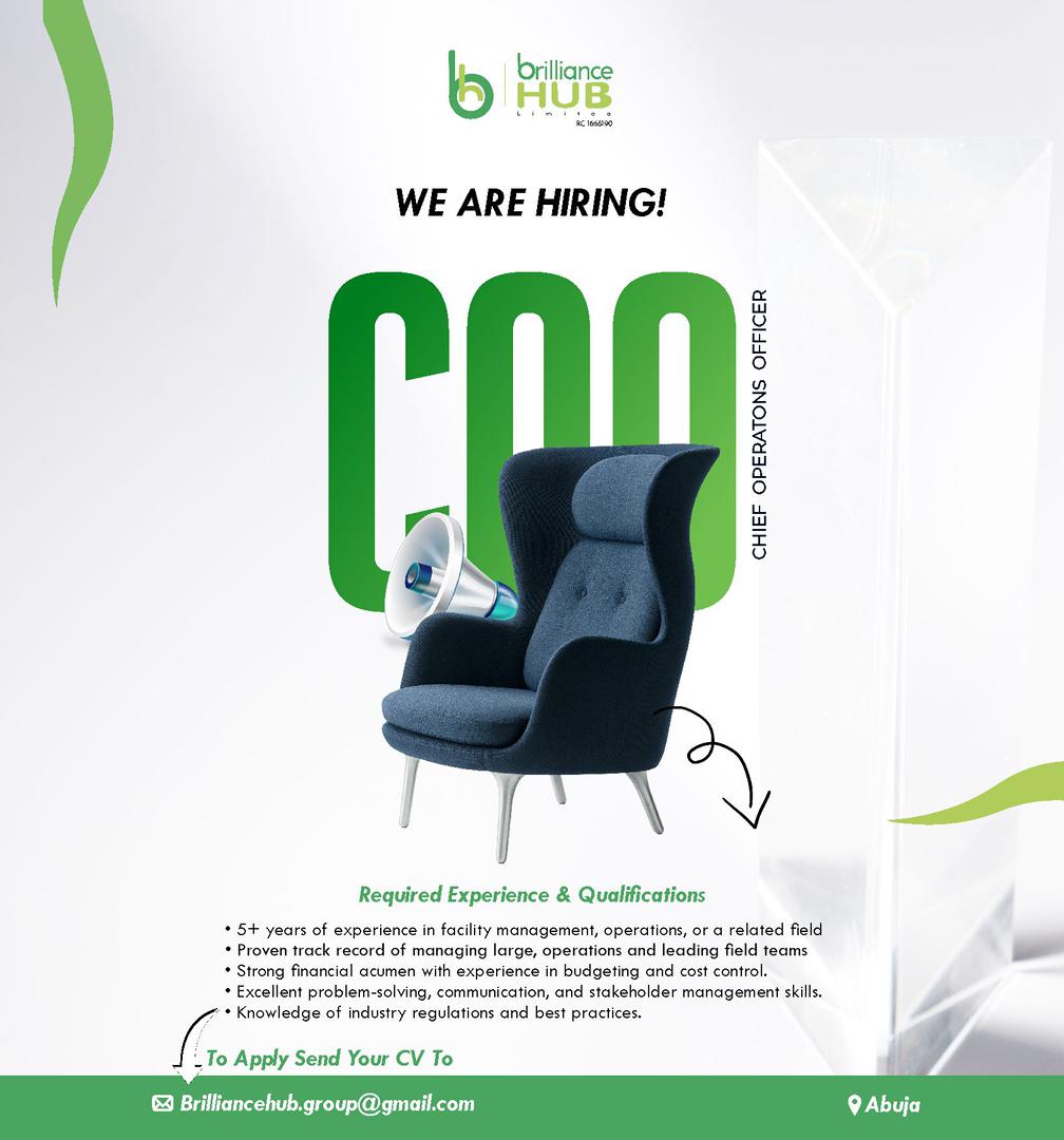 We’re expanding our team!
Brilliance Hub is looking for a skilled COO to lead operations and drive excellence.
Think you’re the right fit?
Apply: brilliancehub.group@gmail.com

📍Abuja