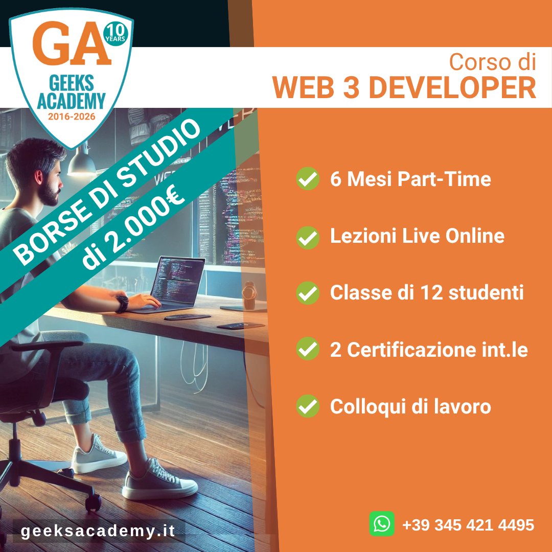 GeeksAcademyEu's tweet image. Diventa #Web3Developer Junior Pro: il primo corso in Italia che ti forma da zero come #FullStack #Developer con competenze in #Blockchain.
Partenza: 24 Marzo 2025 - 12 studenti per classe,2 #Certificazioni Internazionali e #Colloqui di #lavoro. 𝟭𝟬 #BorseDiStudio.