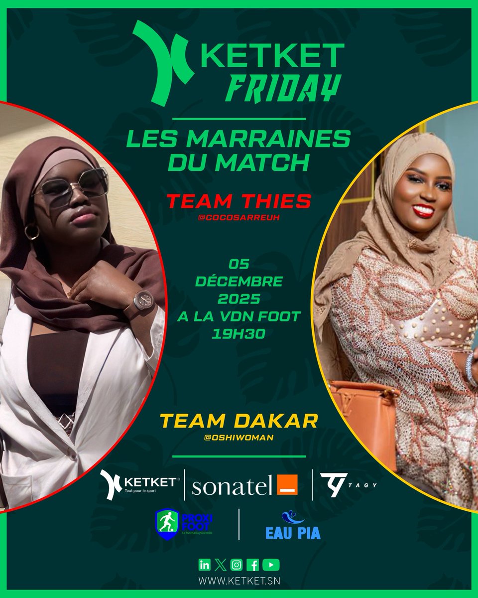 Bonjour les Ketketeurs,

C’est avec une vraie fierté que nous vous présentons les marraines des Team Thiès et Team Dakar

Une manière pour Ketket de continuer à valoriser et mettre en avant les femmes au cœur de nos événements

<a href="/GroupeSonatel/">Groupe Sonatel</a> 
<a href="/ProxiFoot/">𝐏𝐑𝐎𝐗𝐈 𝐅𝐎𝐎𝐓</a> 
Eau 💧 Pia