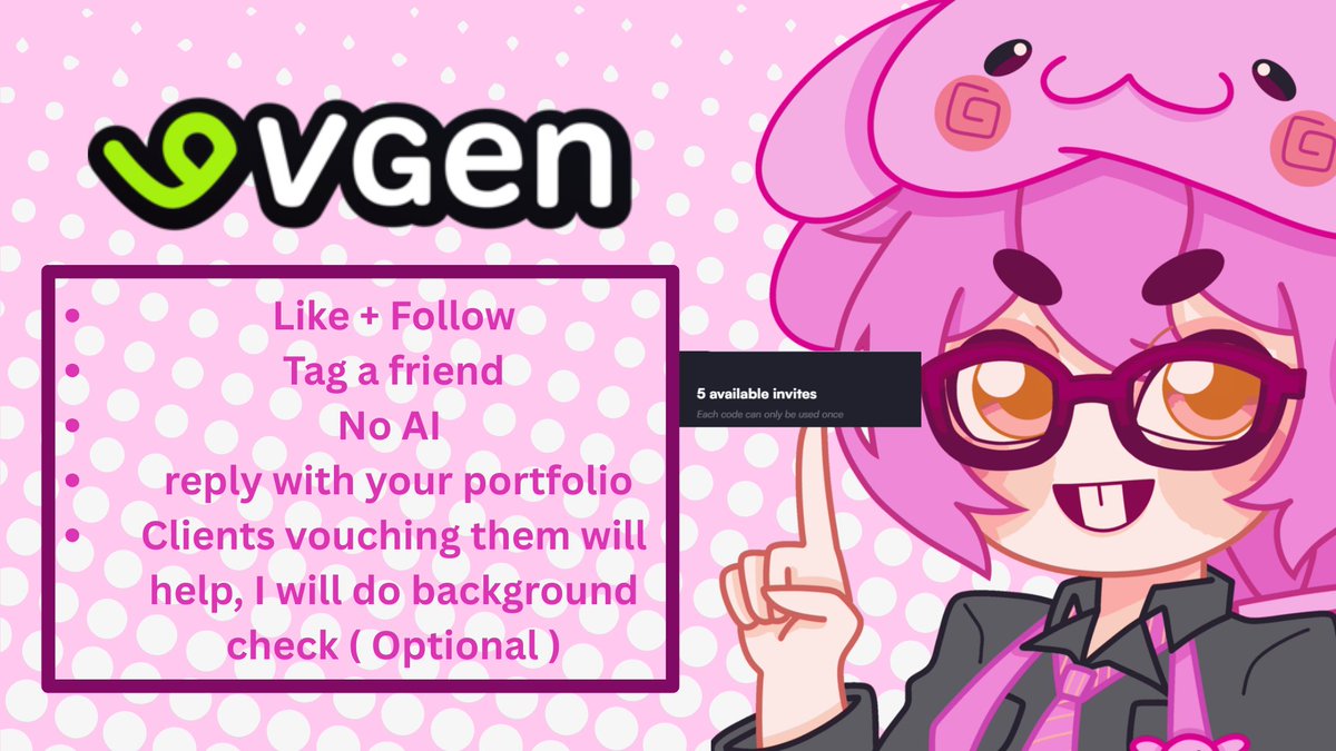 ♡ VGen Code Giveaway ♡

To enter:
❶ Like + Follow 
❷ Tag a friend 
❸ No AI 🚫
❹ Reply with your portfolio 
➤ Clients vouching for you will help! I’ll do a background check (optional).
Deadline: December 15th!

Winners will be contacted via DM 💌

#VGenCode #VGen #VGenComm